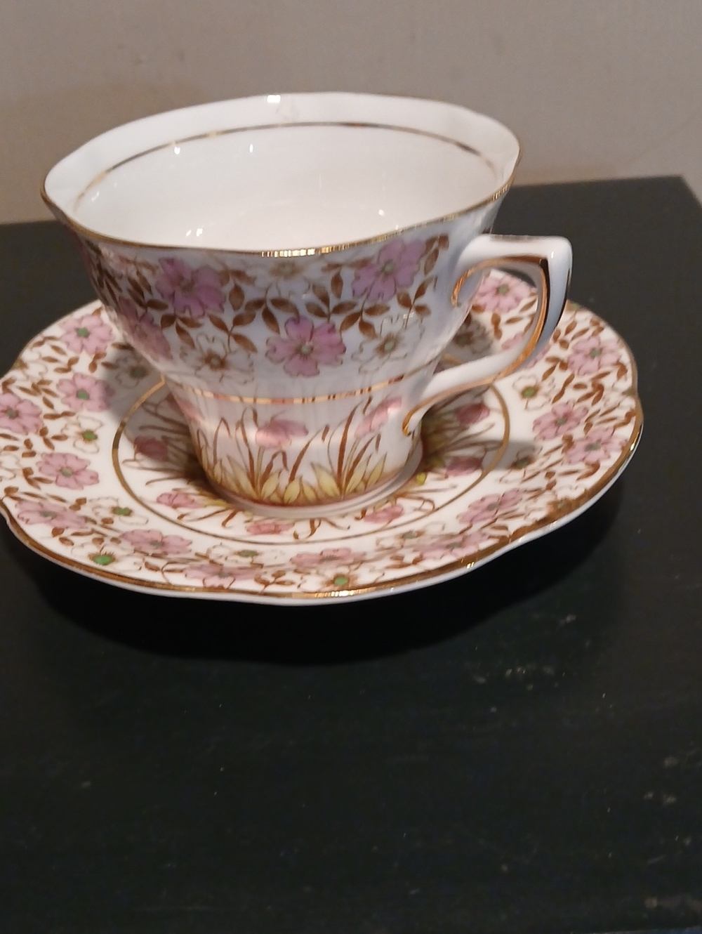 Bone China Teacup and Saucer Set in Pink Floral with Gold Trim